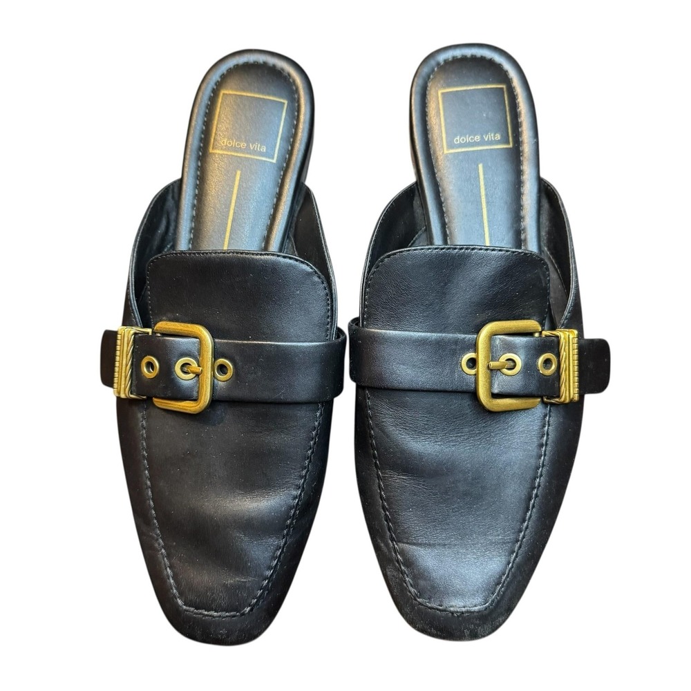 Dolce Vita Shoes Womens Size 8 Black Leather Buckle Loafer Mules Slip On Casual